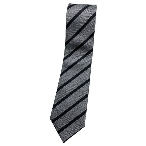 BOSS SELECTION TRIFOLD Men's 100% Silk Necktie LUXURY Gray Striped W:3.4" EUC